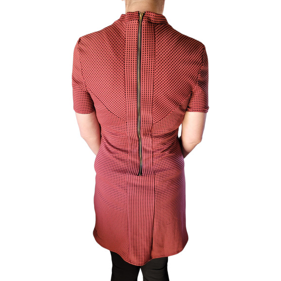 TOPSHOP Red Black Mock Neck Dress Sz 10 Quilted Midi Exposed Zipper Disco Career - Picture 4 of 9